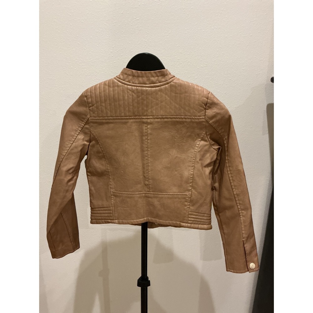 Mayoral Kids Tan Faux Leather Moto Biker Jacket Size 10 Quilted Shoulder Zip - Picture 5 of 6